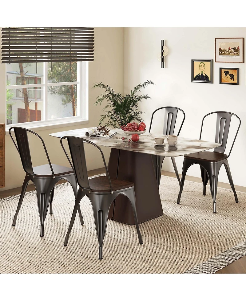 Gymax Tolix Style Metal Dining Chairs Set of 4 with Wood Seat and Removable Backrest