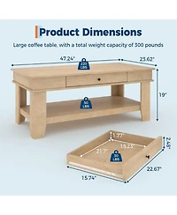 gaomon Light Wood Coffee Table with Drawer, 47.2" Center Table with Storage Shelf, Rustic Coffee Tables Long Living Room Furniture