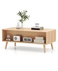 Sugift Rattan Coffee Table Mid Century Modern Center Table with 2 Storage Drawers-Natural
