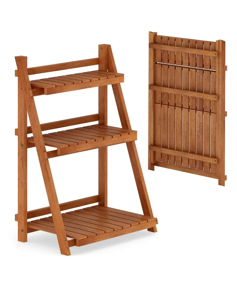 Sugift Foldable Three Tier Solid Wood Plant Stand for Patio