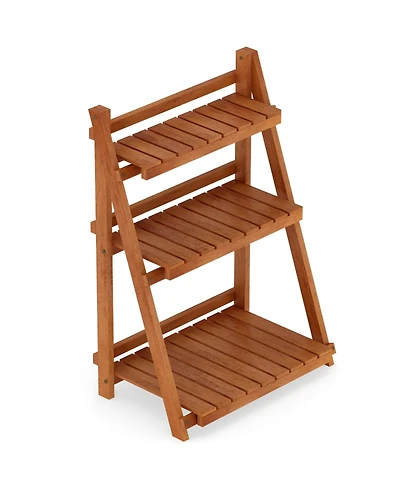 Sugift Foldable Three Tier Solid Wood Plant Stand for Patio