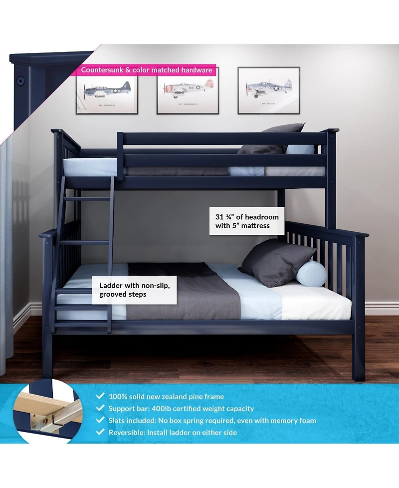 Max & Lily Bunk Bed Twin over Full Size, Solid Wood Beds with Ladder for Kids