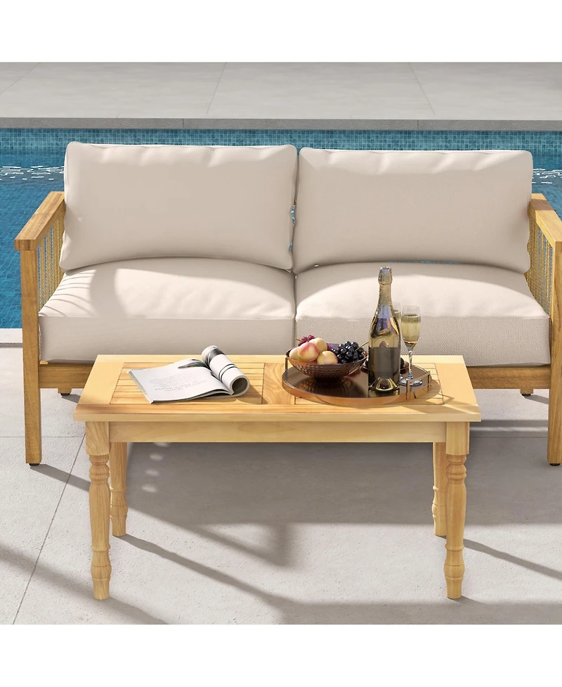 Gymax Patio Coffee Table with Solid Teak Wood Structure Slatted Tabletop for Backyard