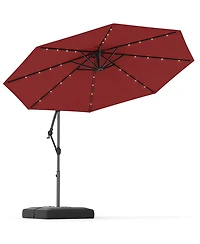 Sugift 10 Feet Solar Offset Hanging Umbrella with Base and 32 Led Lights-Wine