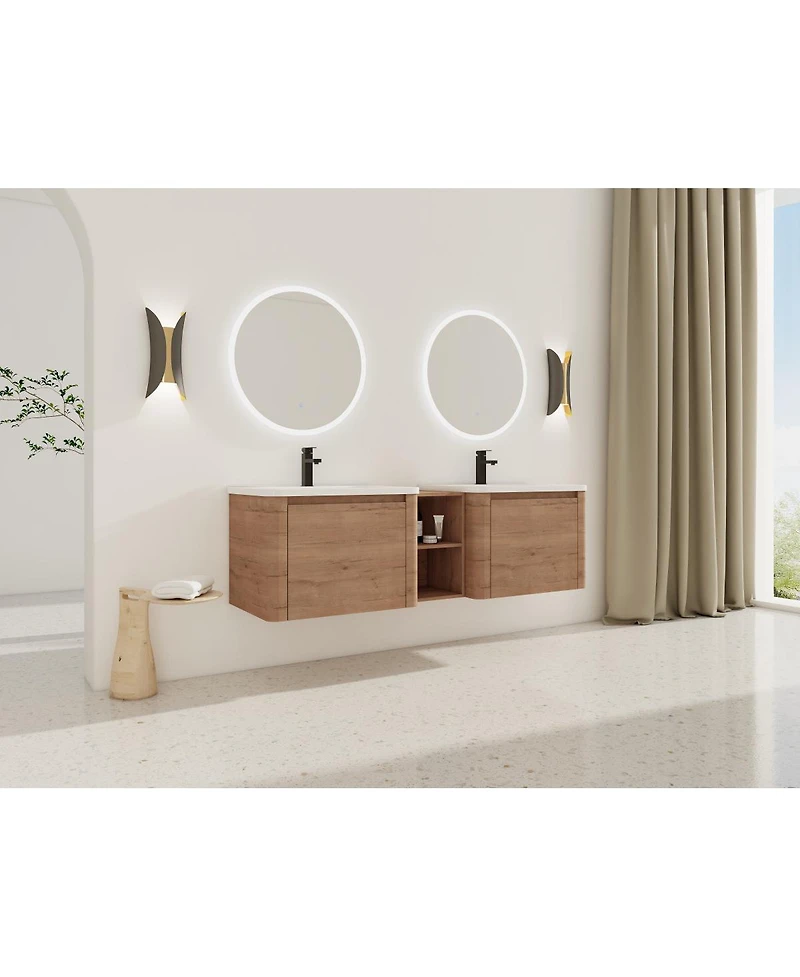 Sillysis Inch Wall Mounted Double Sink Bathroom Vanity with Storage Shelves, Plywood Cabinet and Soft Close Doors