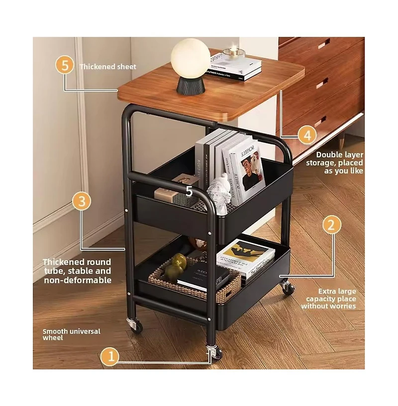 gaomon 3-Tier Rolling Cart w/Wooden Tabletop, Utility Cart w/Lockable Wheels, Multipurpose Storage Organizer Trolley for Kitchen, Office, Bedroom