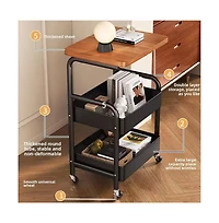 gaomon 3-Tier Rolling Cart w/Wooden Tabletop, Utility Cart w/Lockable Wheels, Multipurpose Storage Organizer Trolley for Kitchen, Office, Bedroom