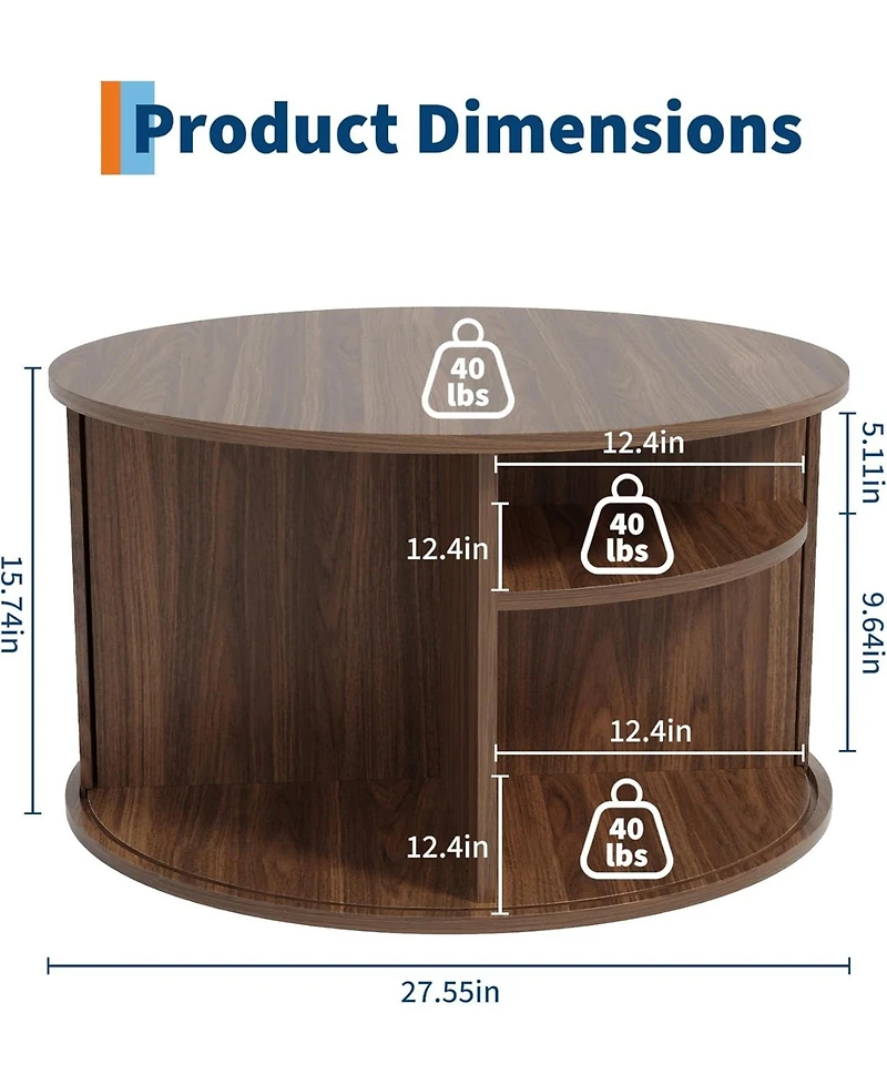 gaomon 28" Round Coffee Table with Storage, Mid Century Modern Fluted Accent Table with Sliding Tambour Door for Living Room