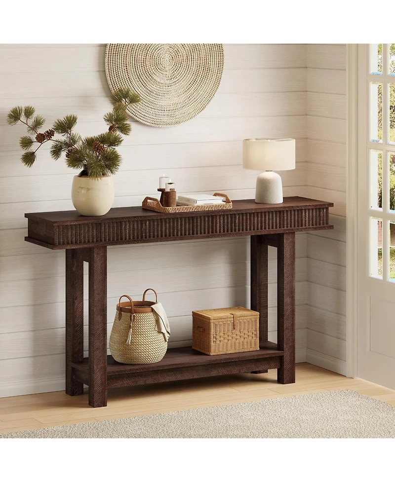 gaomon Farmhouse Fluted Console Table, 2 Tier Wooden Entryway Table with Shelf Storage, Rectangular Narrow Sofa Table Behind Couch