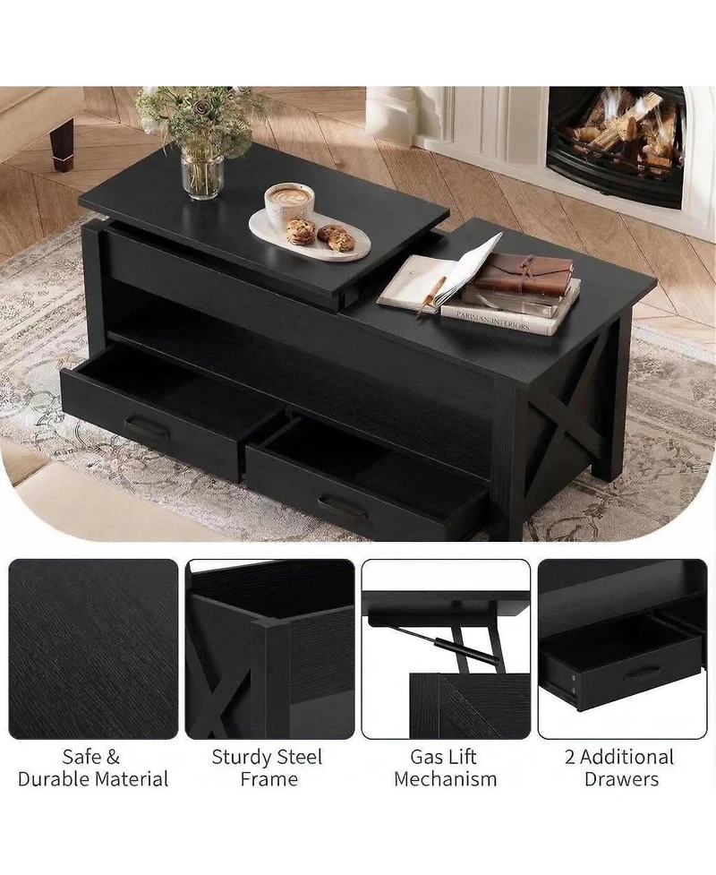 gaomon 47.2'' Lift-Top Coffee Table with Split Lift Design, Storage Shelf, 2 Drawers & Hidden Compartment