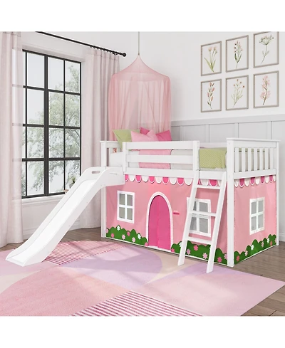 Max & Lily Low Bunk With Easy Slide Farmhouse Curtain