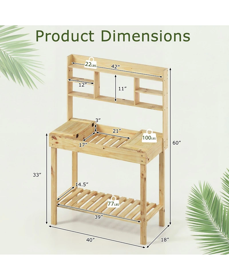 Sugift Wooden Potting Bench Table Garden Planting Workstation with 3-Tier Open Shelf