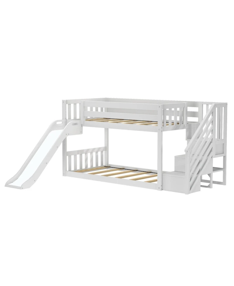 Max & Lily Twin Over Twin Low Bunk Bed with Slide and Stairs, Solid Wood Kids Platform Bed with 14" Guardrails