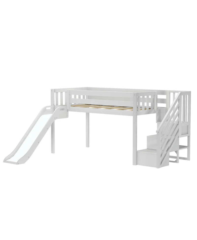 Max & Lily Twin Size Low Loft Bed with Slide and Stairs, Solid Wood Kids Platform Bed with 14" Guardrails