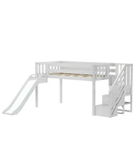 Max & Lily Twin Size Low Loft Bed with Slide and Stairs, Solid Wood Kids Platform Bed with 14" Guardrails