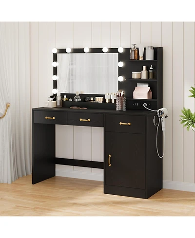 Homfan Makeup Vanity Desk with Led Mirror, Power and Charging Station, 3 Drawers, 2 Cubbies, Cabinet, Shelves, Wooden Dressing Table for Bedroom