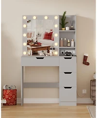 Homfan Vanity Desk with Mirror and Lights, 4 Drawers, Built-in Power Outlet Usb, Adjustable Led Lighting, Makeup Table for Bedroom