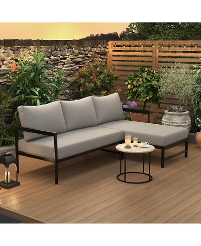 Rainsken All-Weather L-Shaped Outdoor Sofa, 3-Seater Patio Couch with Sturdy Iron Frame and Ultra-Thick Cushions for Balcony, Garden and Backyard