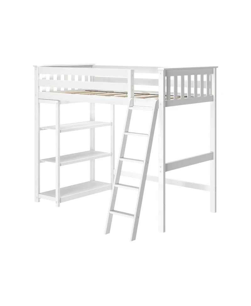 Max & Lily Solid Wood High Loft Bed,Twin Bed Frame For Kids With Bookcase and Ladder