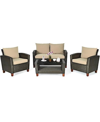 4PCS Patio Rattan Furniture Set Solid Wood Leg Cushioned Sofa Garden Lawn