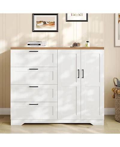 gaomon Multifunctional Wooden Dresser for Bedroom, 43.3 in H 2 Door Wardrobe Armoire Closet with 4 Drawers and Hanging Rod