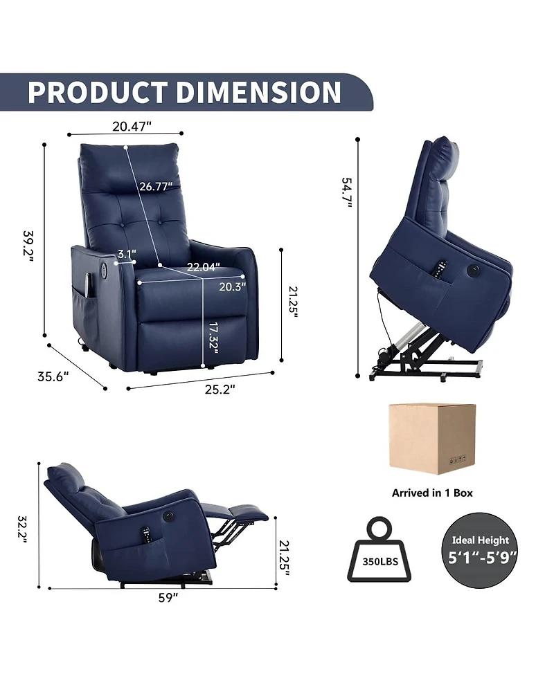 Maison Boucle Pu Leather Lift Chair with Massage & Heat, Power Recliner for Elderly with Usb Port, Remote Control, Heavy Duty Base-Maison Boucle
