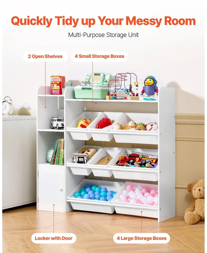 Gouun 4-Tier Kids Toy Organizer with 8 Bins, Bookshelf and Cabinet, 44.3 x 39.4 inches