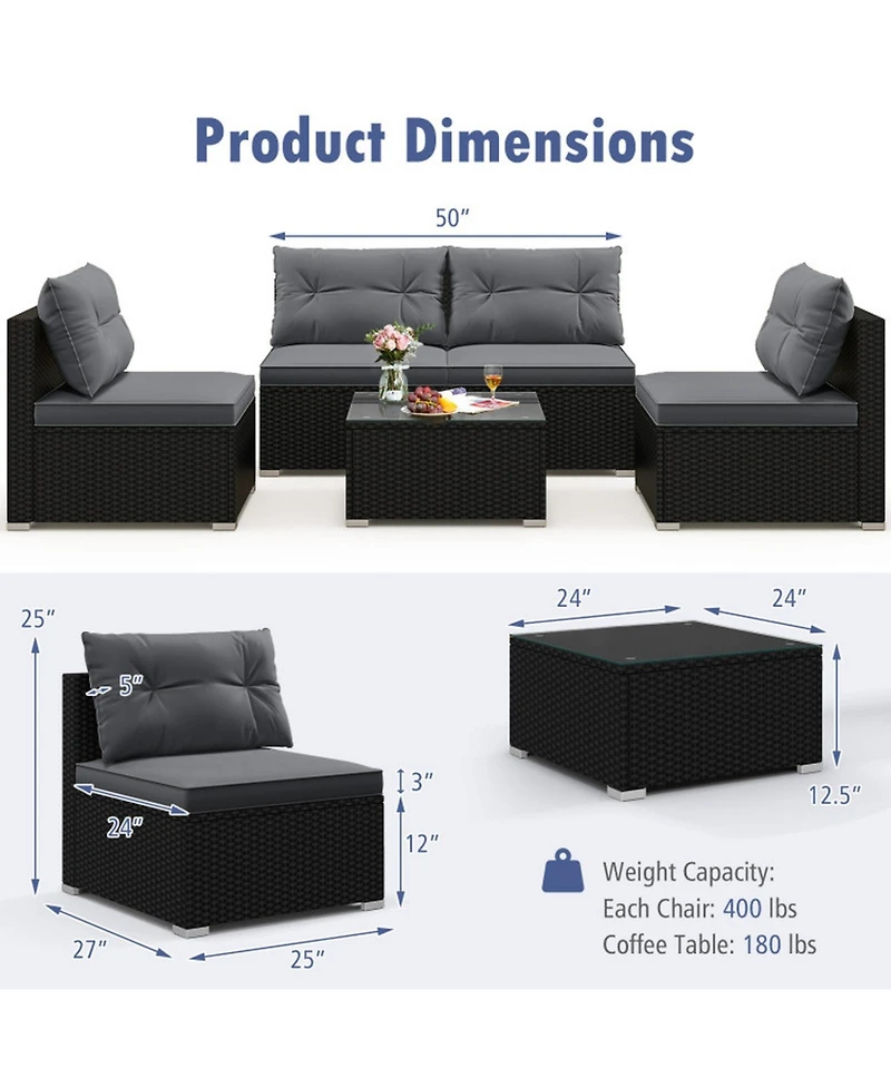 Gouun 5-Piece Wicker Patio Sofa Set with Cushions and Square Coffee Table