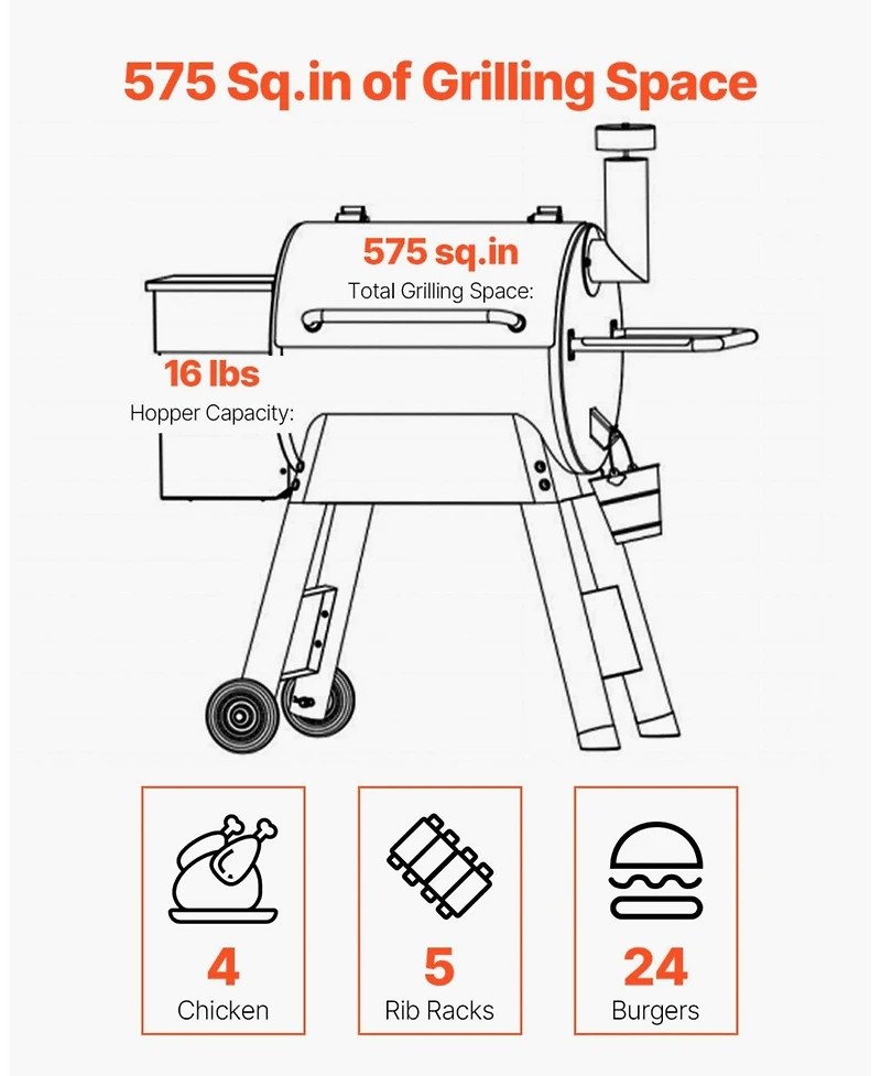 Ecooso Wood Pellet Grill Smoker, 8-in-1 Outdoor Bbq, 575 Sq. In. Cooking Area, Lcd Controller, Meat Probe, 500degree(s)F Max