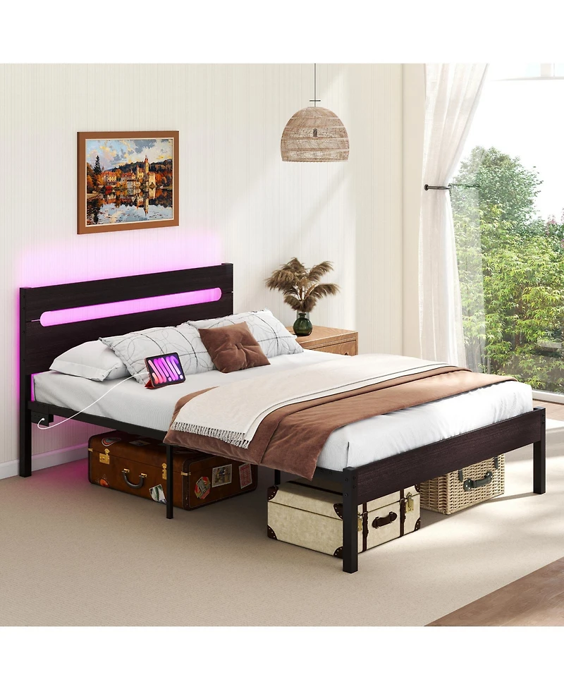 Sugift Heavy-Duty Metal Slats Support Bed Platform with Charging Station