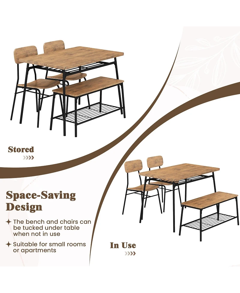 Sugift 4 Piece Dining Table Set for 4 Metal Frame with Bench and 2 Chairs