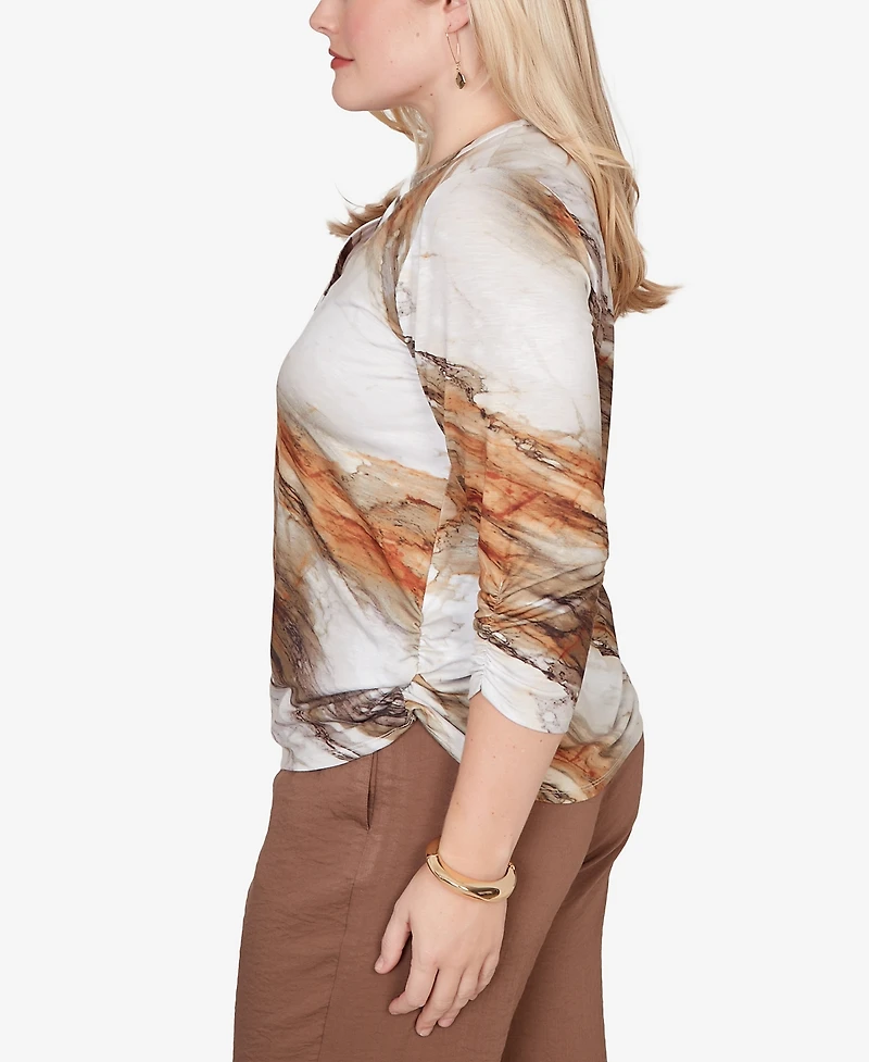 Alfred Dunner Petite Spice Market Marble Print Split Neck Top