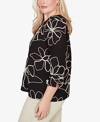 Alfred Dunner Petite Detail Driven Flower Soutache Three-Quarter-Sleeve Top