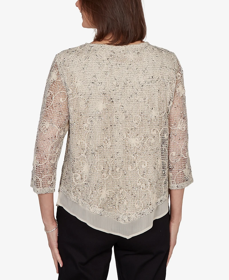 Alfred Dunner Petite Detail Driven Popcorn Mesh Pointed Hem Top with Necklace