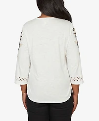 Alfred Dunner Petite Detail Driven Floral Embroidered Textured Crewneck Top