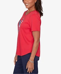 Alfred Dunner Petite Lady Liberty Sparkling Americana Butterfly Crewneck T-Shirt