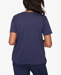 Alfred Dunner Petite Lady Liberty Statue of Fireworks V-Neck T-Shirt