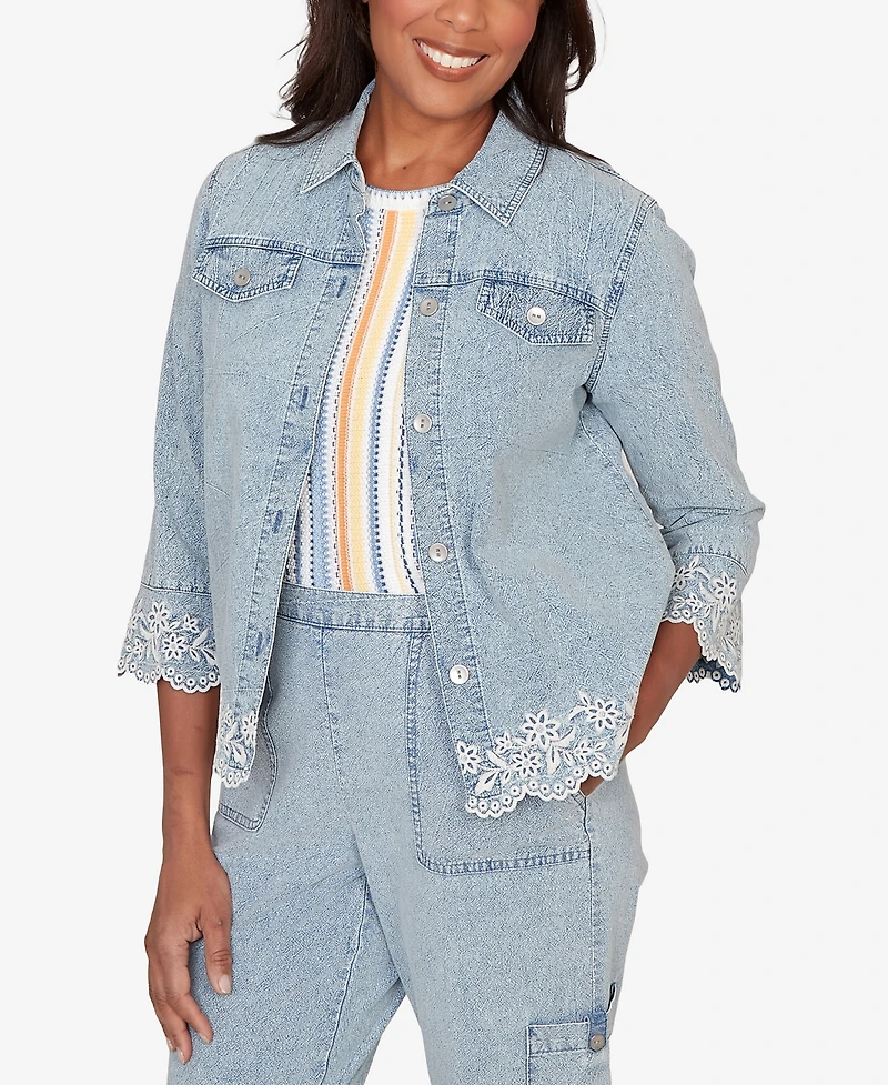 Alfred Dunner Petite Out of the Blue Floral Embroidered Scallop Trim Collared Jacket