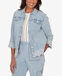 Alfred Dunner Petite Out of the Blue Floral Embroidered Scallop Trim Collared Jacket