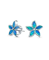 Bling Jewelry Created Blue Opal Inlay Petals Flower Stud Earrings .925 Sterling Silver