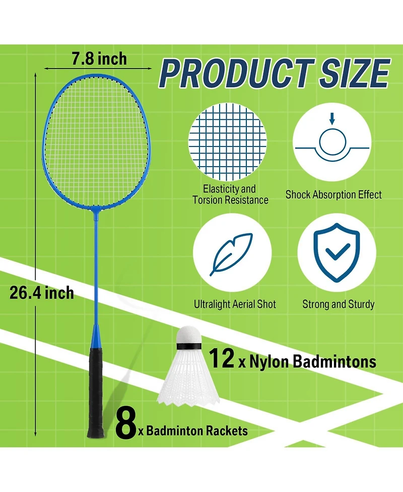 Aronkl 8 Packs Badminton Rackets Set 12 Shuttlecocks Adult Backyard Gym Beach Outdoor