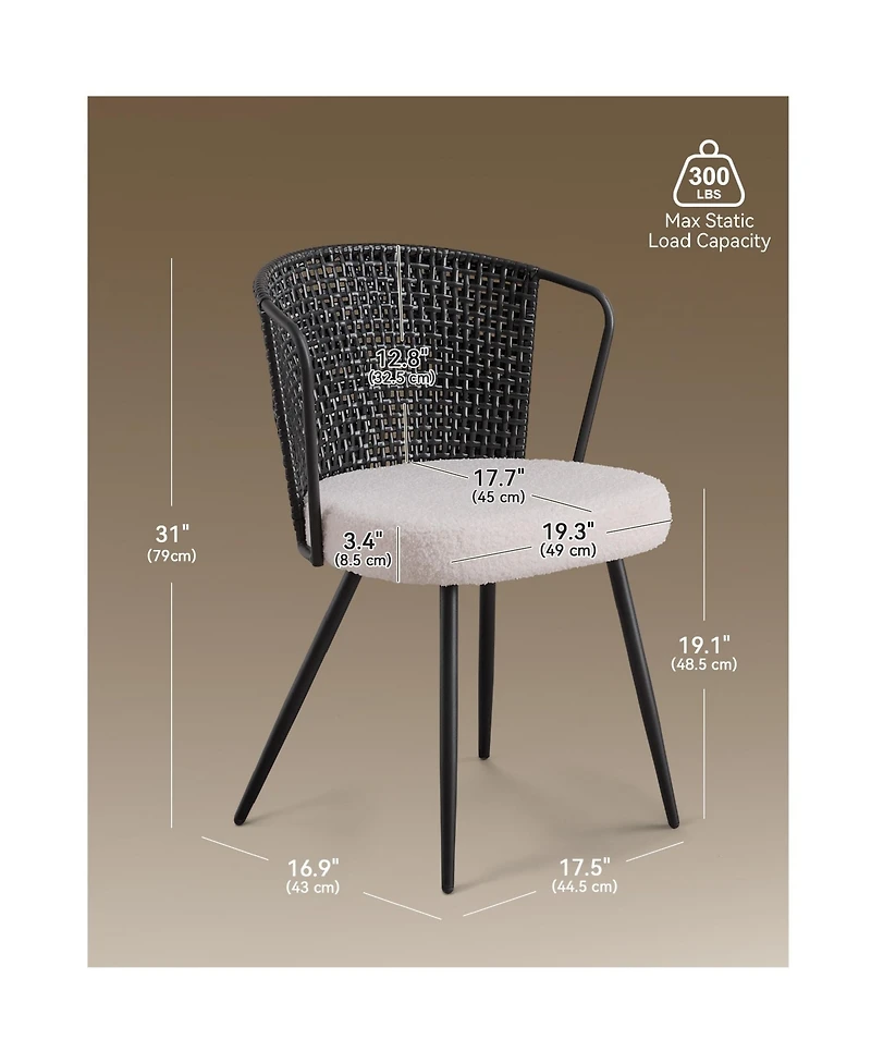 Sailvan Rattan Dining Chairs Farmhouse Upholstered Cane Back Kitchen Chair with Boucle Cushion, Metal Legs and Wingback