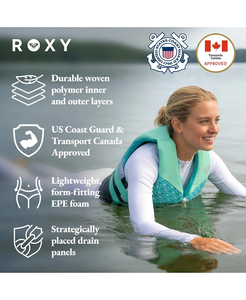 Roxy Uscg Approved Women's Life Vest, Light-weight Epe Foam with Two Quick Release Buckles, for Boating, Fishing and Kayaking