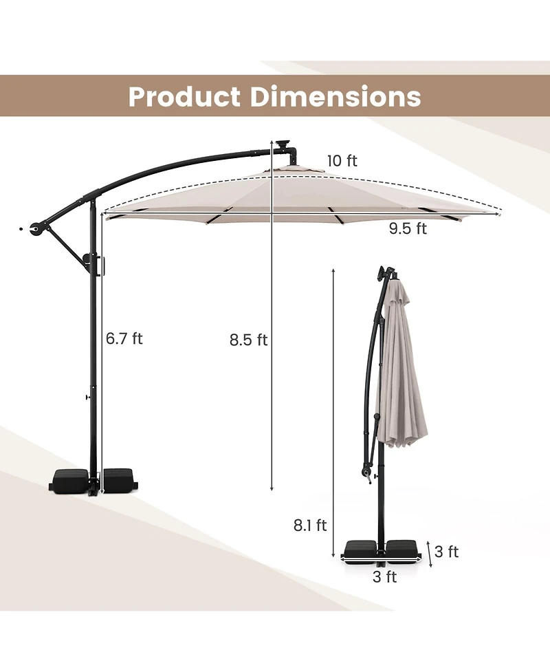 Slickblue Solar Offset Hanging Patio Umbrella 10ft with Base and Lights