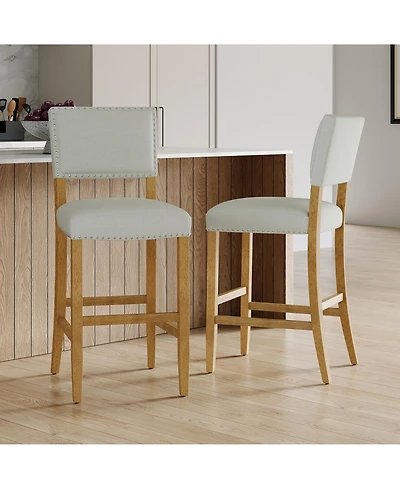 Rainsken Set of 2 Fabric Upholstered Wood Frame Counter Height Barstools with Rivet Decor