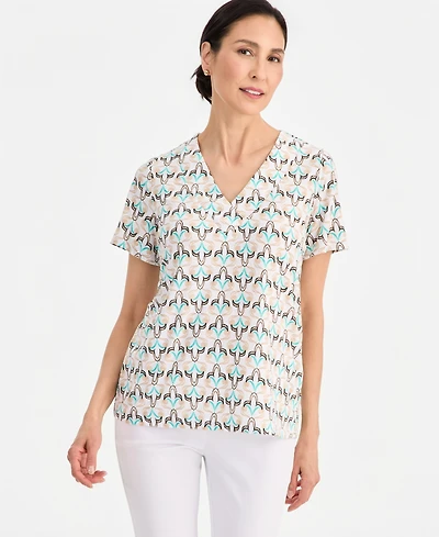 Jm Collection Women's Printed Short Sleeve V-Neck Jacquard Top, Macy's Exclusive