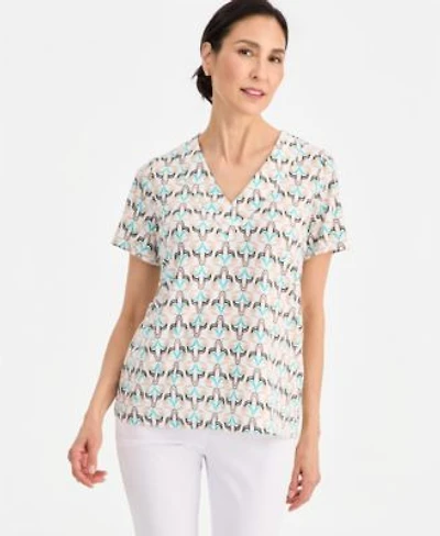 Jm Collection Womens Printed Short Sleeve V Neck Jacquard Top Macys Exclusive