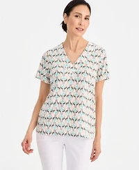 Jm Collection Womens Printed Short Sleeve V Neck Jacquard Top Macys Exclusive