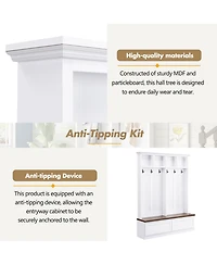 Rainsken Farmhouse Hall Tree, Multi-Purpose Coat Rack with Wood Grain Bench, 6 Hanging Hooks and 2 Storage Drawers for Hallway and Entryway