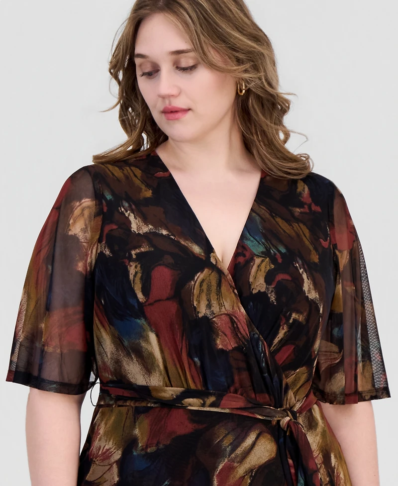 Connected Plus Printed Flutter-Sleeve Faux-Wrap Midi Dress